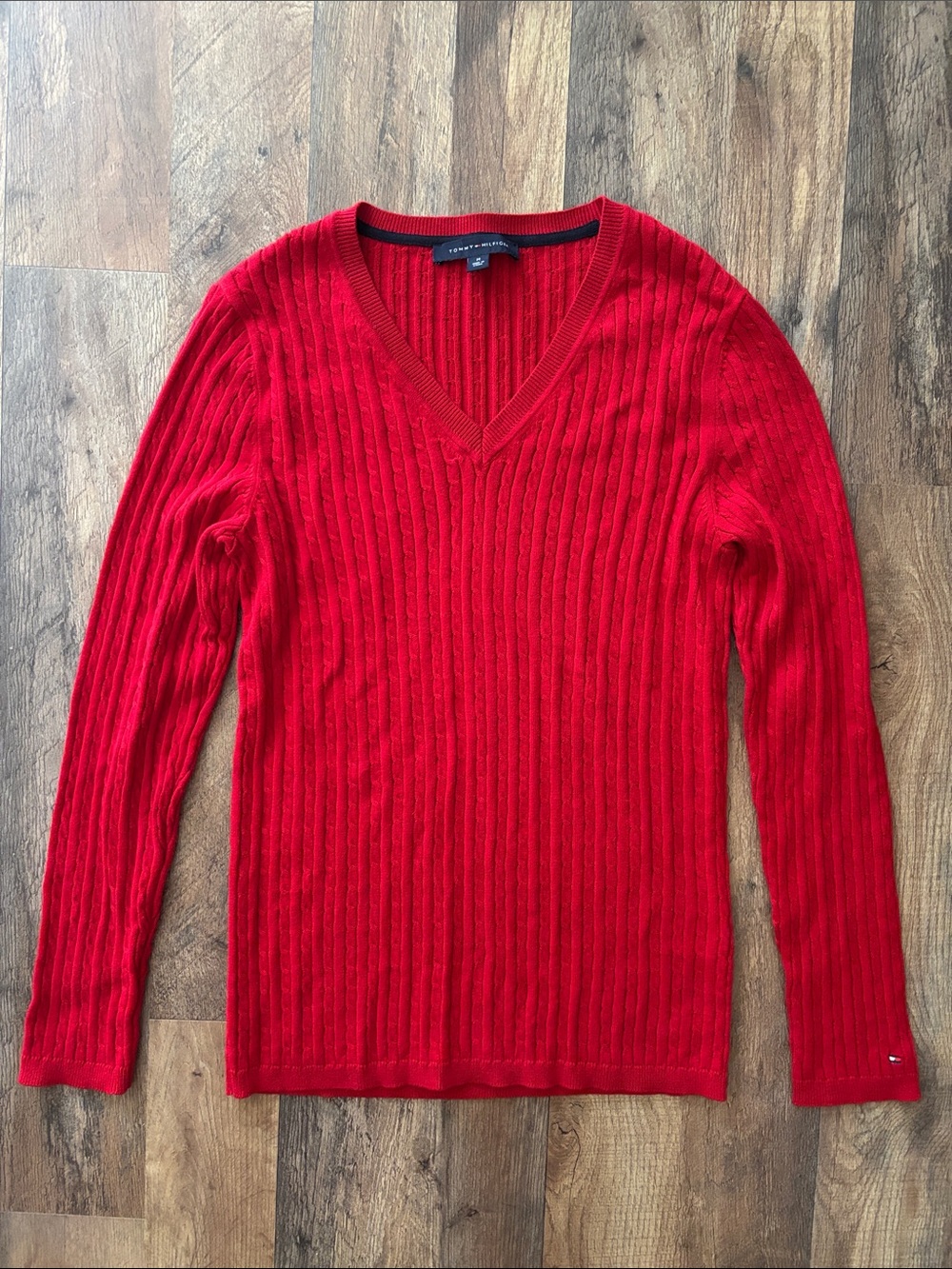Tommy Hilfiger Red Classic V Neck Pullover Long Sleeve Cotton Sweater Medium